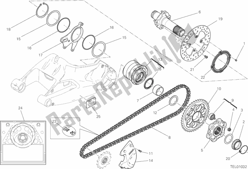 All parts for the Rear Wheel Spindle of the Ducati Monster 1200 25 TH Anniversario USA 2019